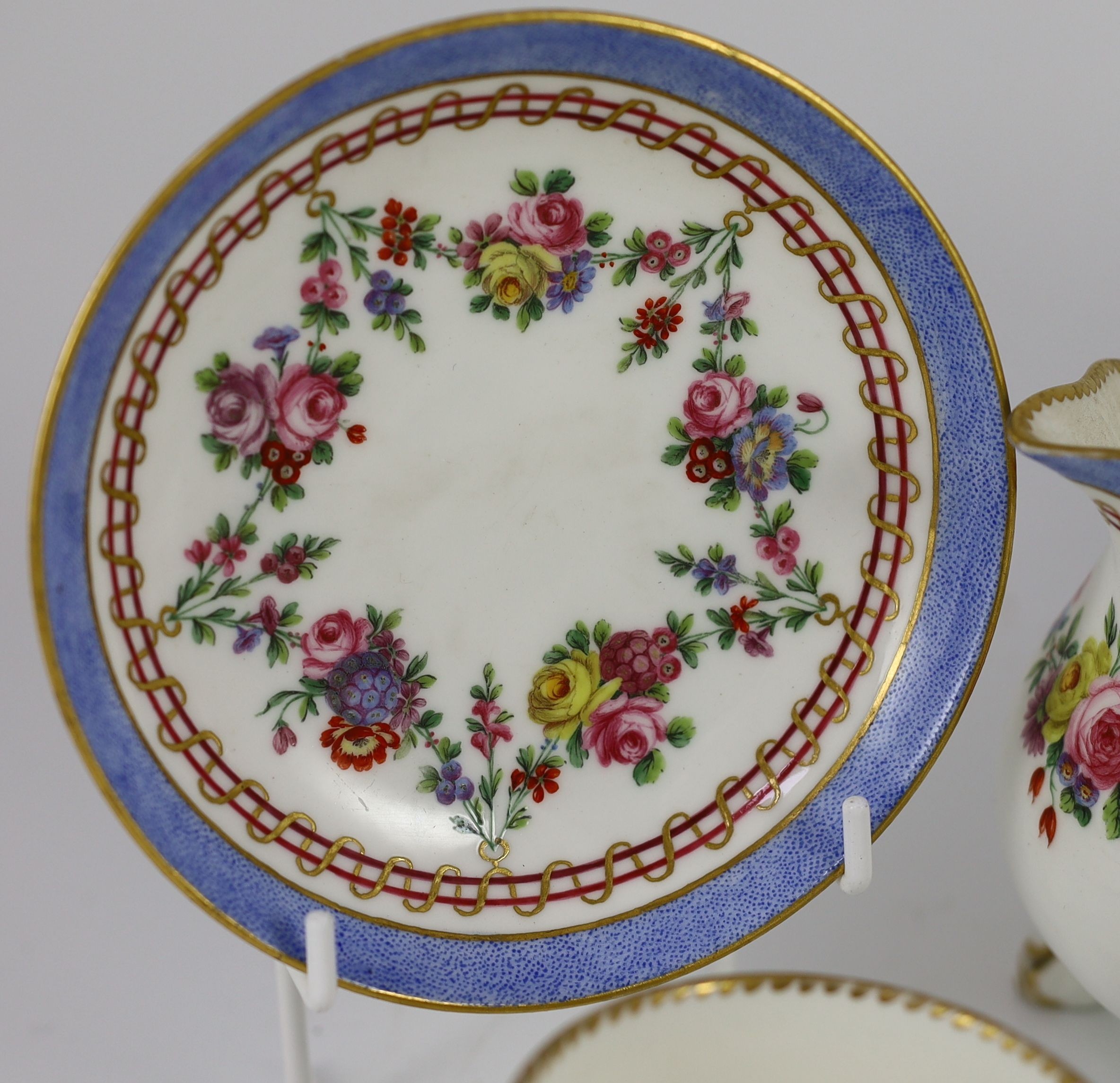 A Sevres porcelain part tea service, c.1772-3, One teacup handle repaired